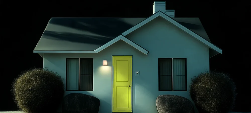 Oak Avenue at night, its lime front door lit by the porch lamp